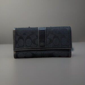Coach Vtg Black Signature Canvas Jacquard Continental Wallet w Leather Trim